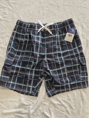 Kanu Surf Black Plaid Swim Shorts with Teal & White Lines